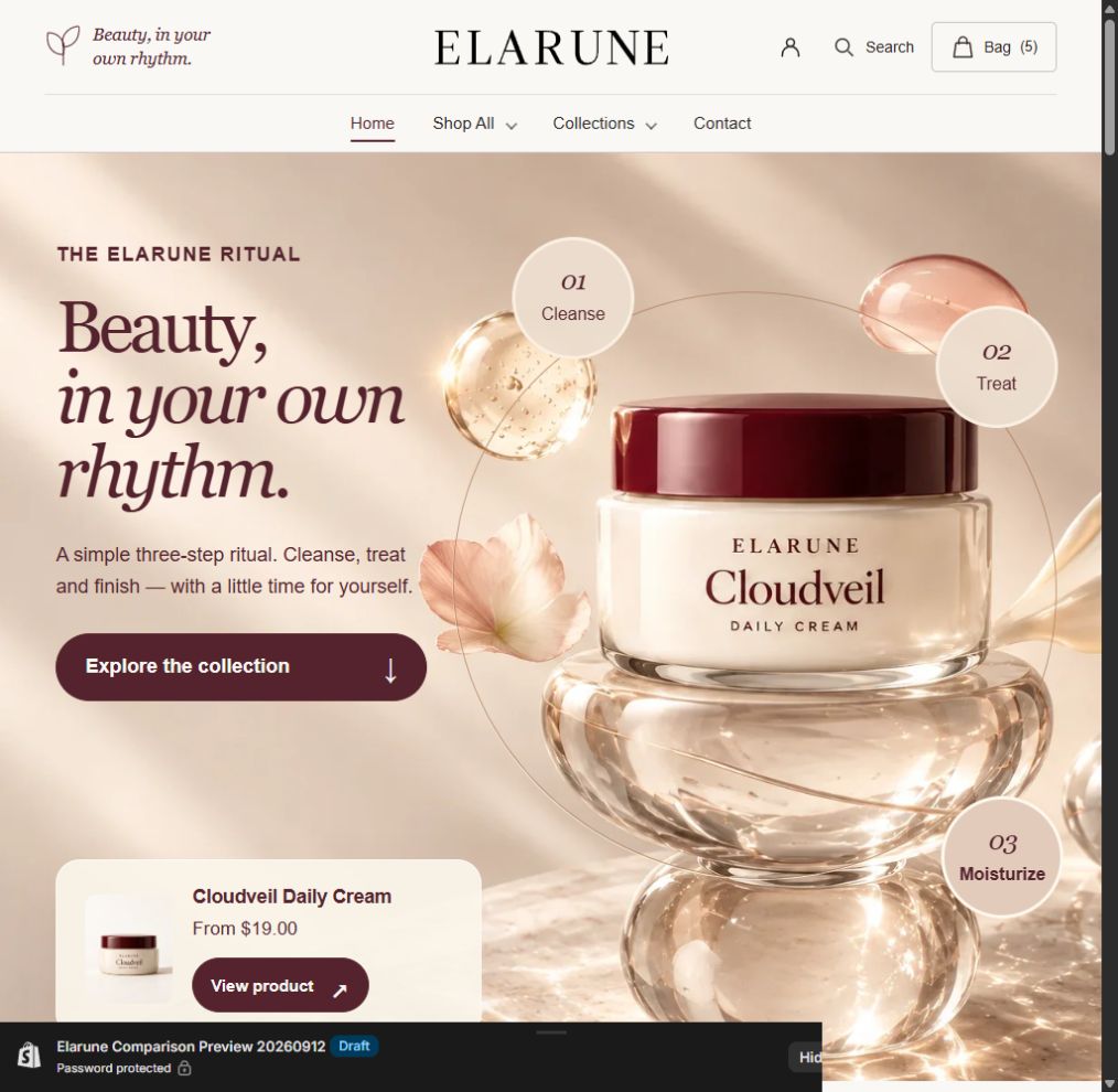 Elarune Shopify theme: Cloudveil skincare campaign and three-step ritual