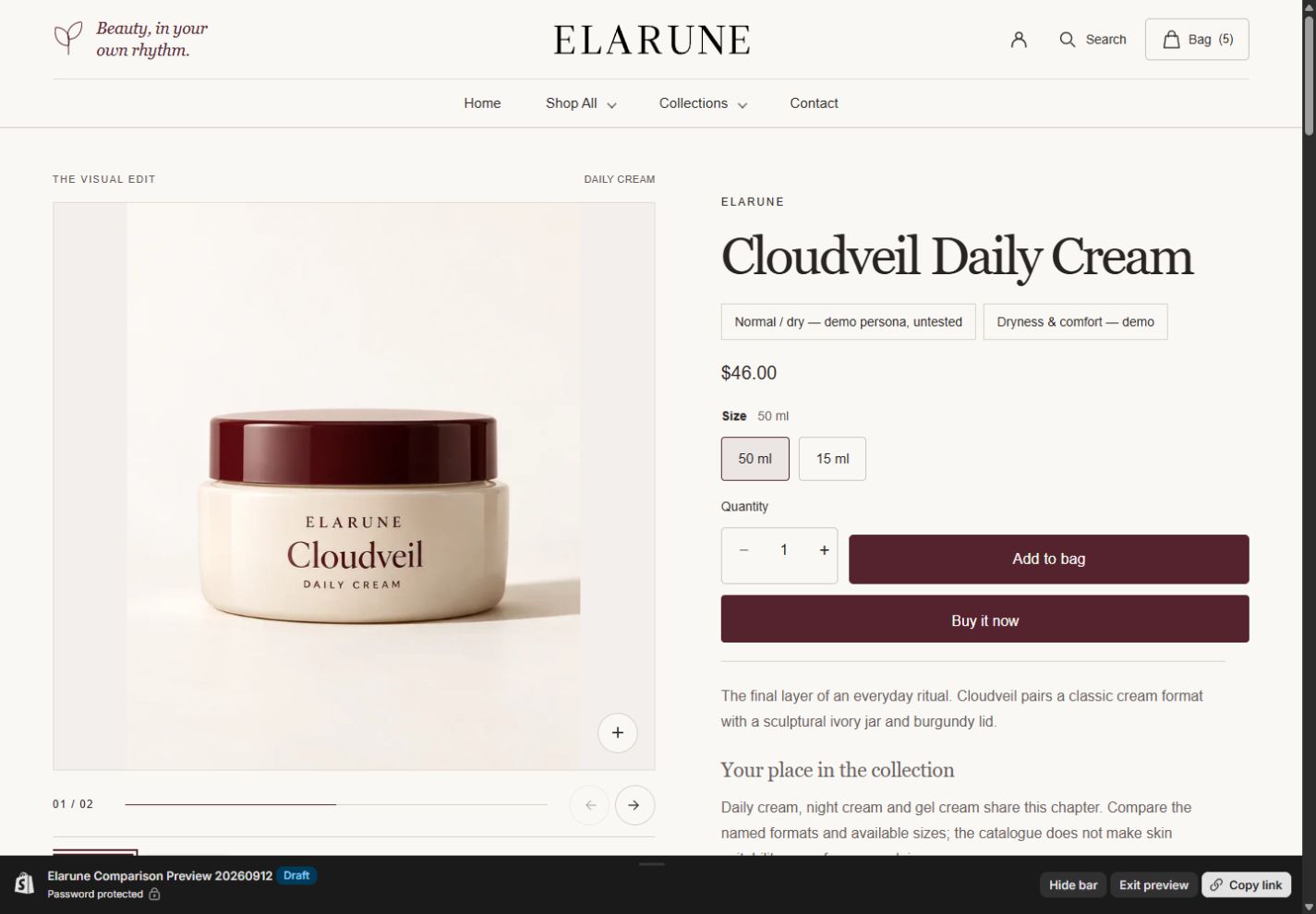 Elarune product page development screenshot