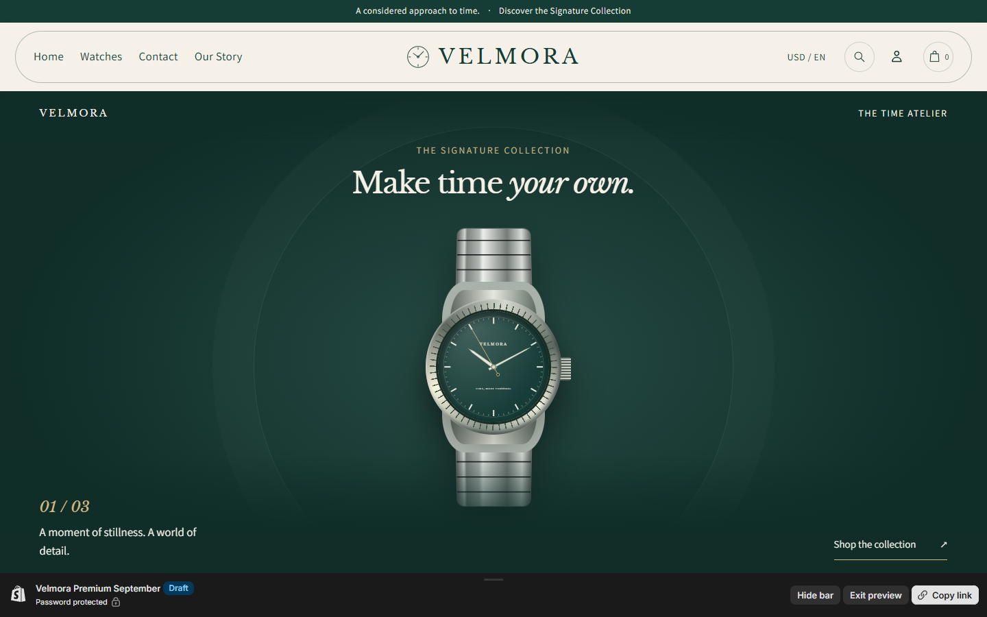Velmora Shopify theme: emerald dial watch in an editorial storefront