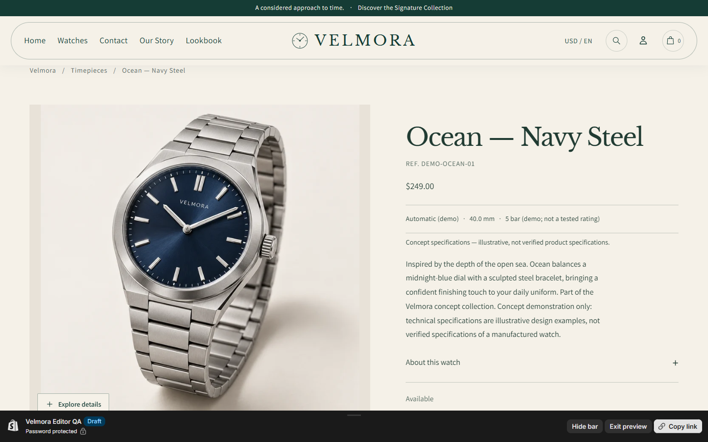 Velmora product page development screenshot